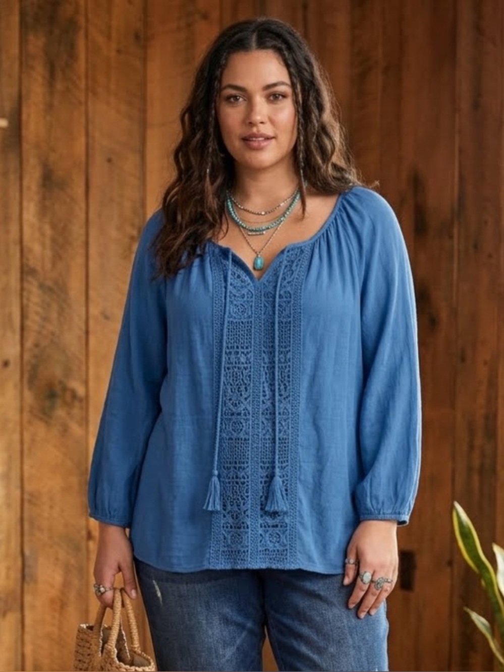 Coastal Boho Zac & Rachel Blue Crochet Lace Peasant Blouse Tassel Tie Top XL